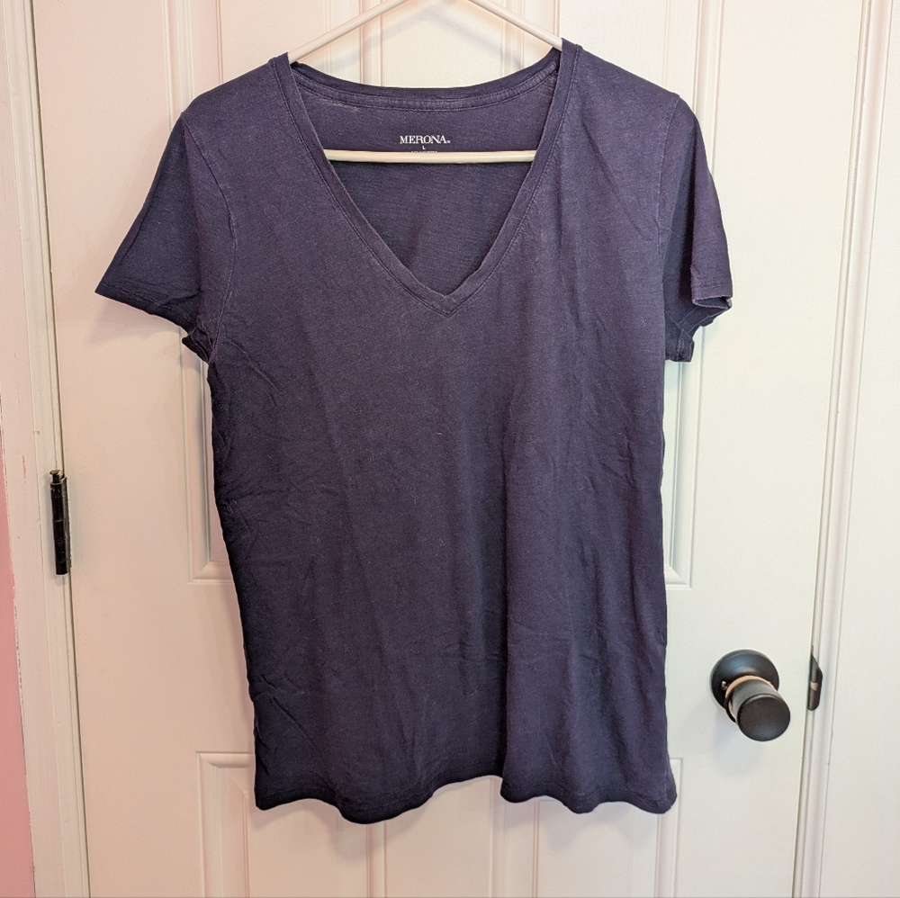 ❤ Flaw Merona V-Neck Short Sleeve T-Shirt Navy Slub Knit Large GUC